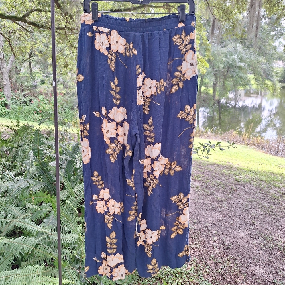 Lularoe Dianne Wide Leg Pants Paper Bag Non Roll Waist Band Belted Large Floral